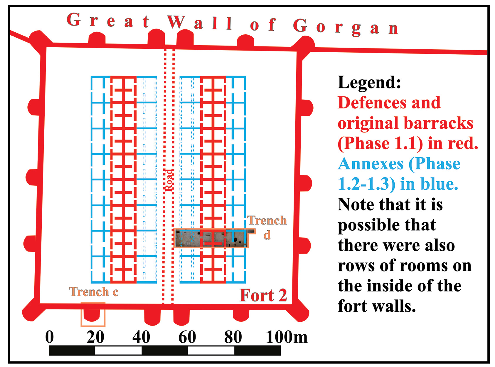 above Fort 2, with two symmetrically arranged barracks in the interior, is 1.2ha large. It represents the smallest and most common type of fort along the lowland section of the wall.﻿