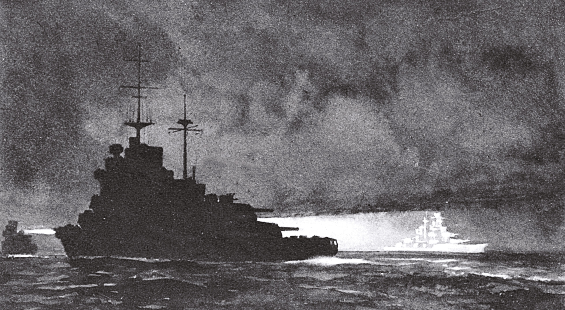 right An Italian cruiser is picked out by searchlights, as the British force closes in under cover of darkness. The Italian ships had no radar.