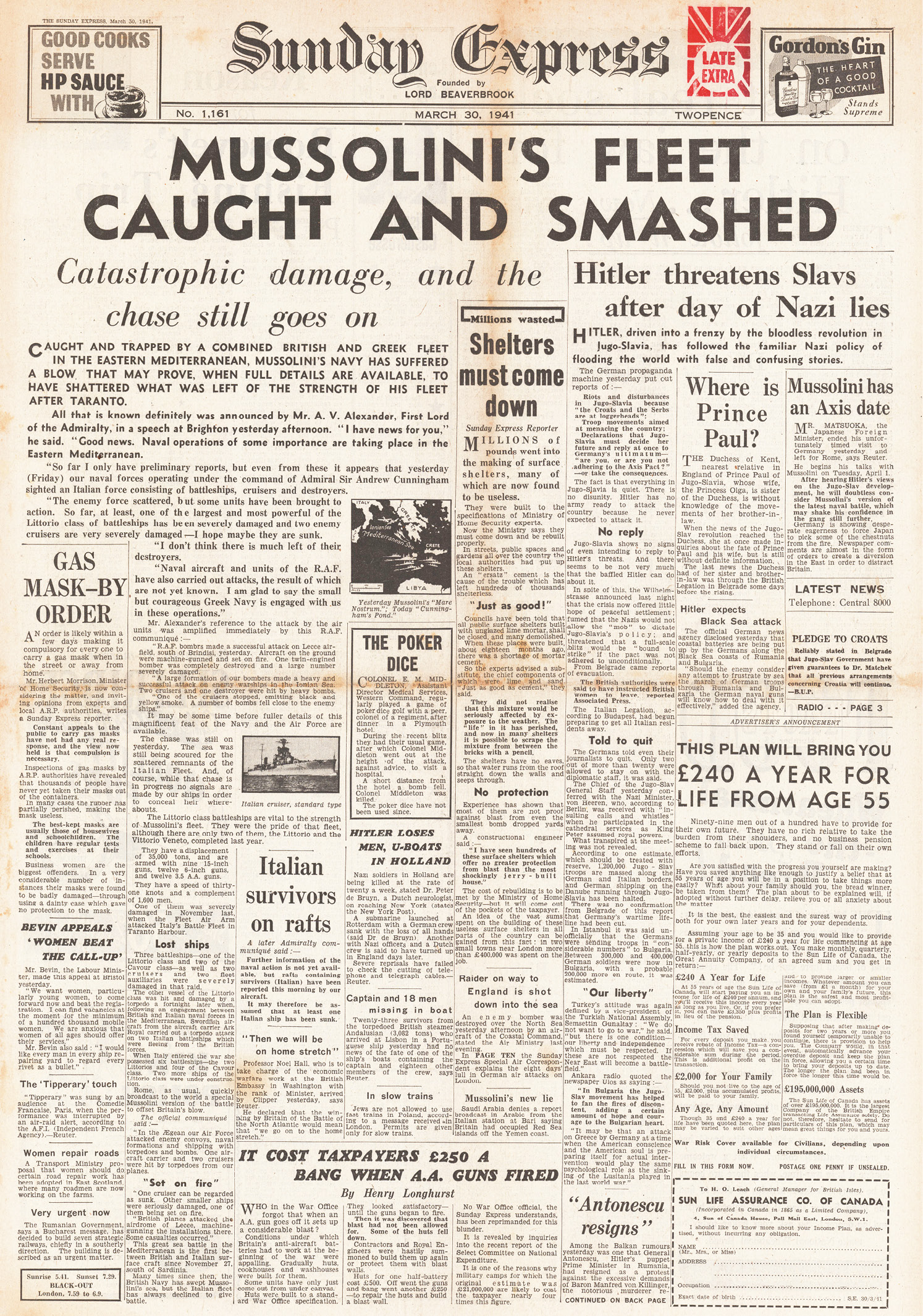 right The front page of the Sunday Express newspaper carries reports of the Allied victory at Cape Matapan on 30 March 1941.