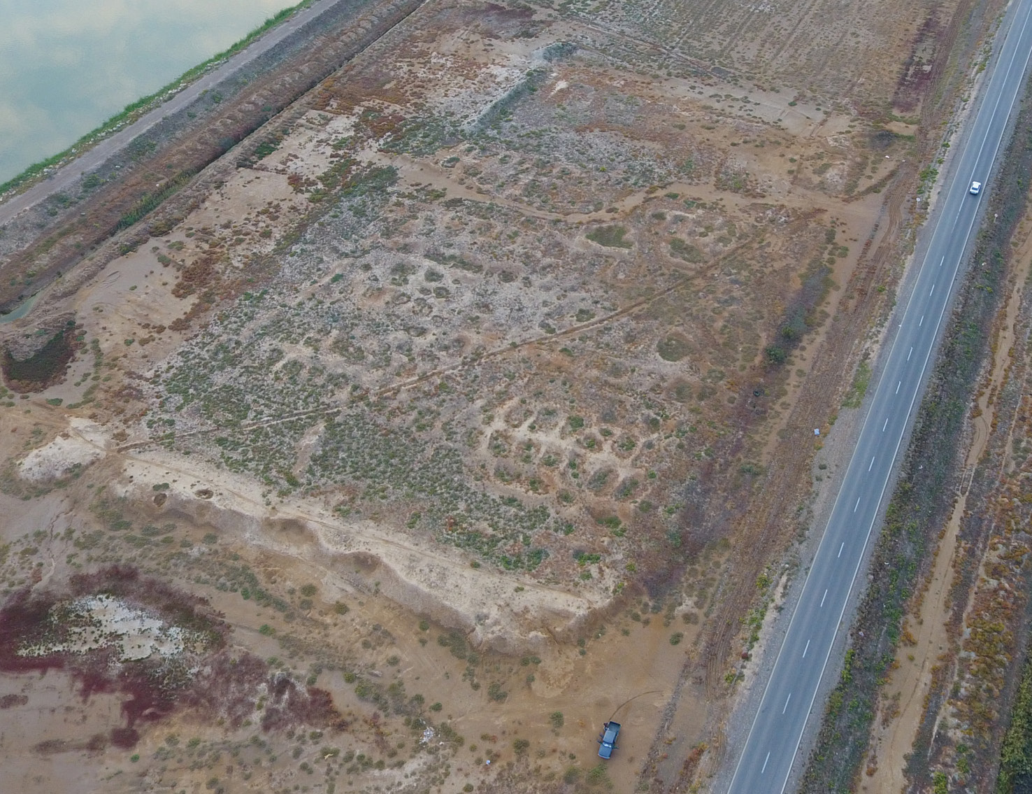 below A drone photograph of Fort 26 (to the left of the road that follows the Gorgan Wall), by Davit Naskidashvili and the joint project. Barracks filled much of the interior. Their decayed mud-brick walls are visible as yellow ridges, while subsidence of occupation deposits within has created small depressions in which water gathers and plants grow.﻿