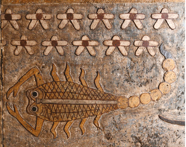 above Animal-headed deities (top), a two-faced Sagittarius (middle), and the sign Scorpio (bottom) from the newly revealed zodiac that emerged following restoration and cleaning at Esna Temple.
