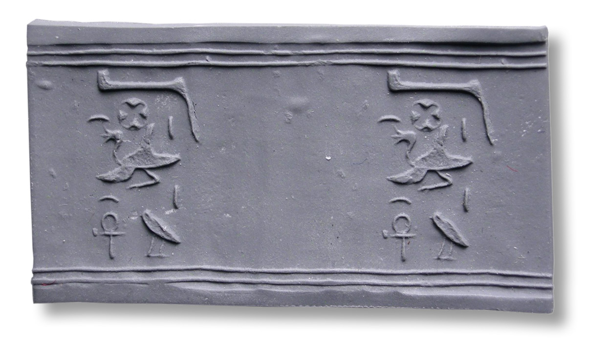 below A cylinder bead and impression with the name and titles of Ankhu.