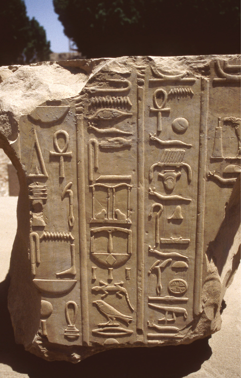 left The decoration in this doorway at Medinet Habu Temple includes repeated ankhs with human arms holding was sceptres, emblems of dominion. above A relief block in the Open Air Museum, Karnak. The ankh at the top of the right-hand column is accompanied by two alphabetic complements: n and x.