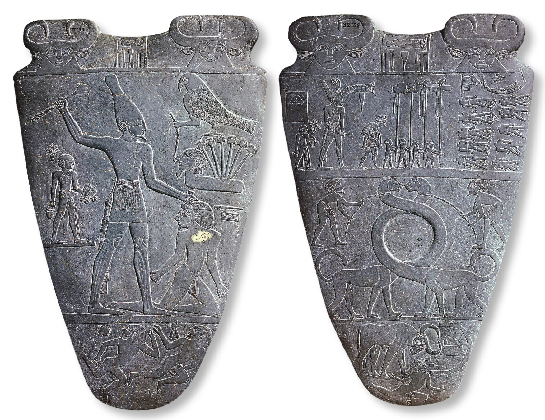 right The Narmer Palette, which is on display in the Egyptian Museum, Cairo. The main image shows Narmer striking a prisoner with his mace.